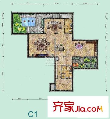 龙湾别墅户型图C1户型下层 1室3厅1卫