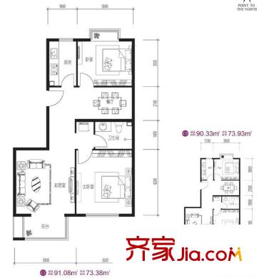 顺鑫朗郡户型图C1/C2户型 2室2厅1卫1厨