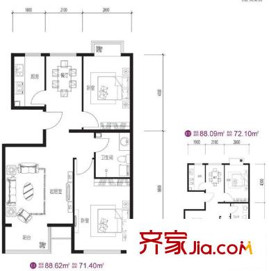 顺鑫朗郡户型图E1/E2户型 2室2厅1卫1厨