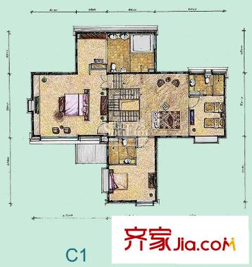 龙湾别墅户型图C1户型二层 3室1厅3卫