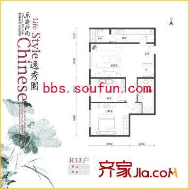 乐府江南户型图H13户型 2室2厅1卫1厨