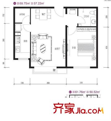 顺鑫朗郡户型图K1/K2户型 1室2厅1卫1厨