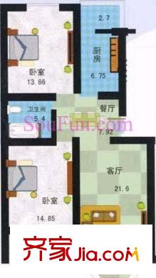 沿湖美景户型图A户型 2室2厅1卫1厨