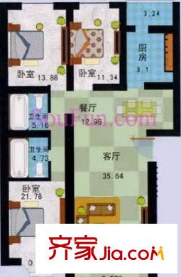 沿湖美景户型图B户型 3室2厅2卫1厨