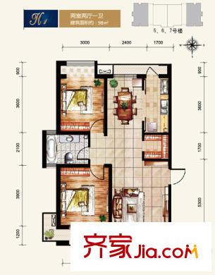 愛方城戶型圖5#6#7#H1戶型 2室2廳1衛(wèi)1廚
