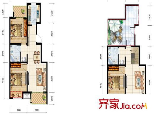 愛方城戶型圖A'戶型 3室2廳1衛(wèi)1廚