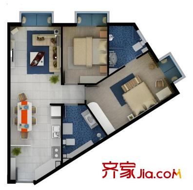 FREE自由季户型图两居户型图(已售完) 2室2厅2卫1厨