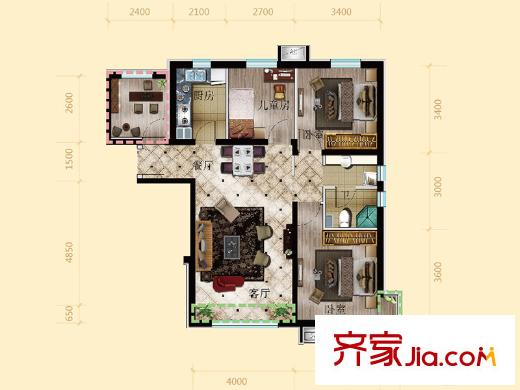 三利中和城A戶型（反） 3室2廳1衛(wèi)1廚