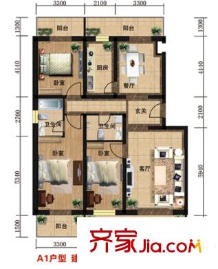 众智慧谷户型图A1户型 3室2厅2卫1厨