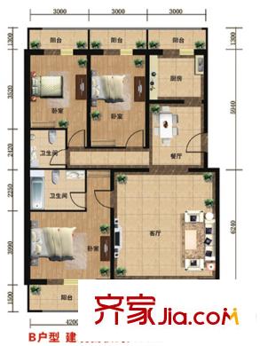 众智慧谷户型图B户型 3室2厅2卫1厨