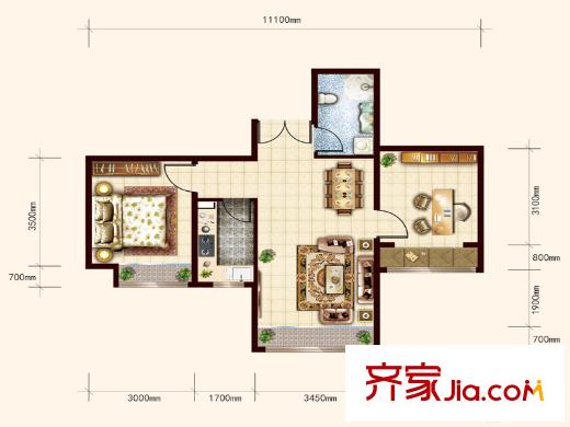 匯福悅榕灣一期1-C戶型 2室2廳1衛(wèi)1廚