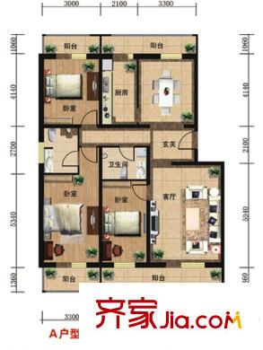 众智慧谷户型图A户型 3室2厅2卫1厨