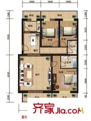 众智慧谷户型图B1户型 3室2厅2卫1厨