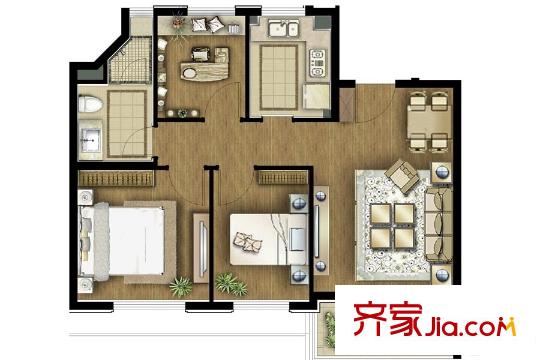 保利艾廬C2戶型頂層 3室2廳1衛(wèi)1廚