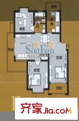 森海豪庭户型图e-1户型 3室2厅1卫1厨