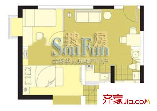 伊时代酒店式公寓户型图E户型 1室1厅1卫1厨
