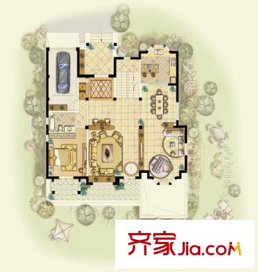 萊茵美墅戶型圖獨棟A戶型-一層 1室2廳1衛(wèi)1廚