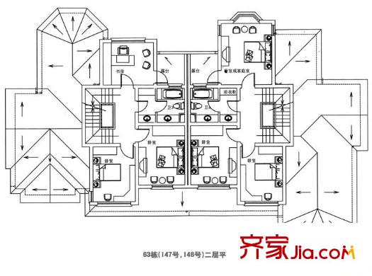 南瑞別墅戶型圖63棟二層 2室2衛(wèi)