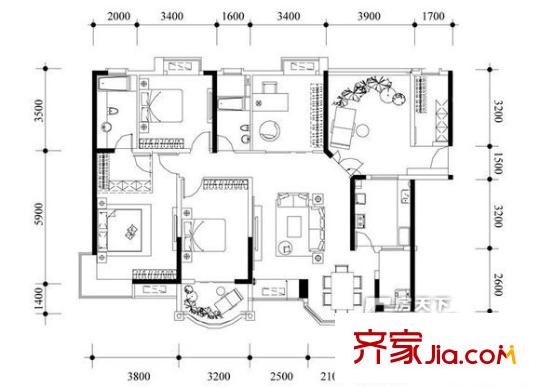 浦沁苑戶型圖房型圖 4室2廳2衛(wèi)1廚