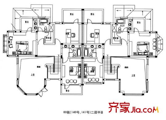 南瑞別墅戶型圖60棟二層 3室2衛(wèi)