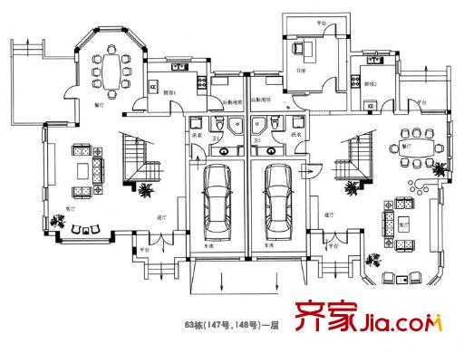 南瑞別墅戶型圖63棟一層 2室2廳1衛(wèi)1廚
