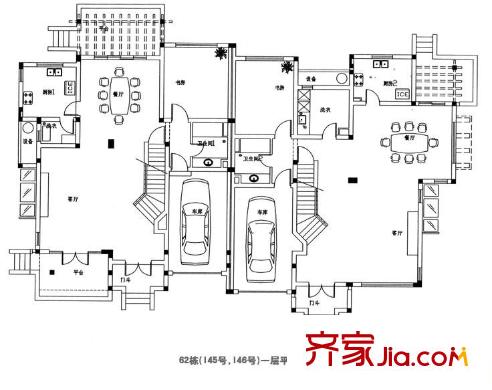 南瑞別墅戶型圖62棟一層 1室2廳1衛(wèi)1廚