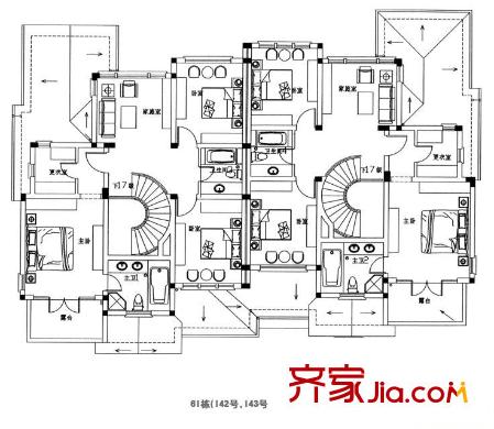 南瑞別墅戶型圖61棟二層 3室3衛(wèi)