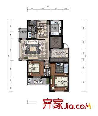 润地华庭F户型 2室2厅2卫1厨