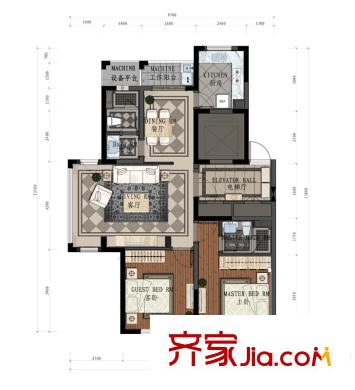 润地华庭D户型 2室2厅2卫1厨