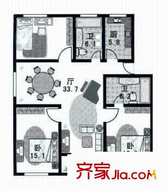静庐懿德公寓户型图3室2厅2卫1厨
