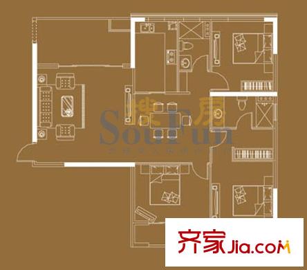 飞晟文汇广场户型图1期“星寓”组团3房公寓户型 3室2厅2卫1厨