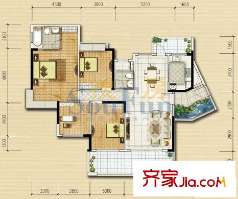 保利城二期户型图2期海德E、F栋-01、03单元 3室2厅2卫1厨