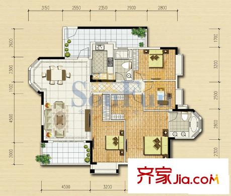 保利城二期户型图2期海德E、F栋-02单元 4室2厅2卫1厨