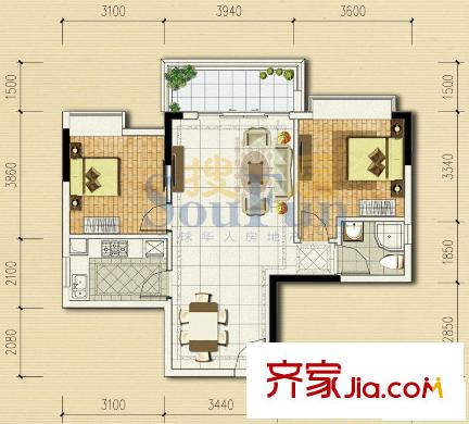 保利城二期户型图2期海德A、B、C、D栋-04单元 2室2厅1卫1厨
