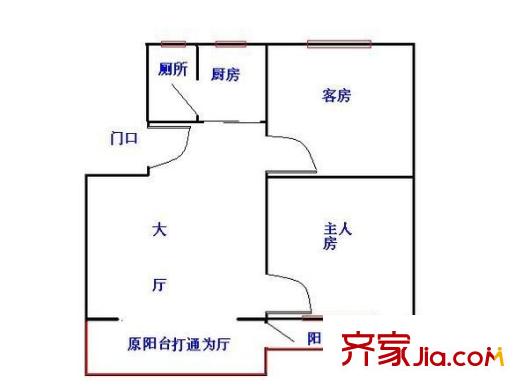 民航小区户型图2室1厅户型图 2室1厅1卫1厨