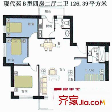 現(xiàn)代苑戶型圖4室2廳2衛(wèi)1廚