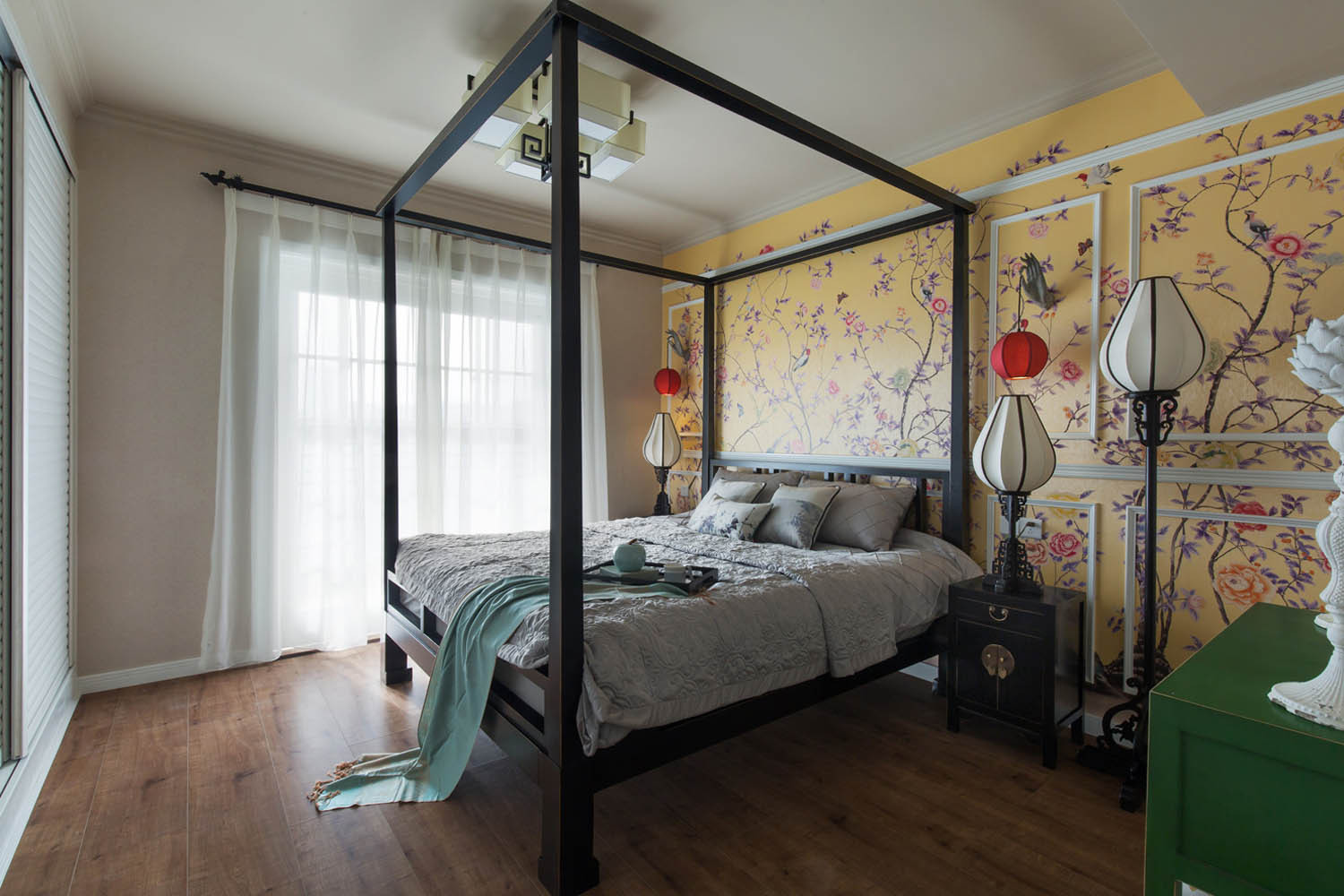 中式风格,20万以上装修,130平米装修,三居室装修,卧室,床,卧室背景墙,黄色