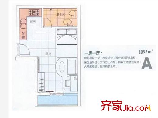 老街新寓户型图A户型 1室1厅1卫1厨