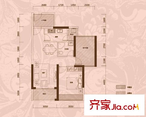 凱南萊弗城戶型圖F戶型 1室2廳1衛(wèi)1廚