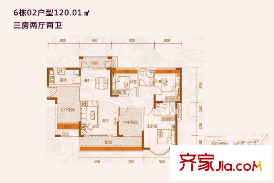 凱南萊弗城戶型圖6棟02戶型三房兩廳 3室2廳2衛(wèi)1廚