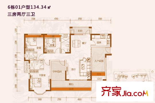 凱南萊弗城戶型圖6棟01戶型三房兩廳 3室2廳3衛(wèi)1廚