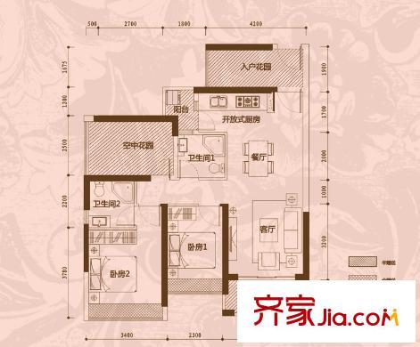 凱南萊弗城戶型圖E戶型 2室2廳2衛(wèi)1廚