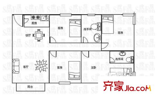 格蘭海灣戶型圖四房兩廳兩衛(wèi)面積約108平方米 4室2廳2衛(wèi)1廚