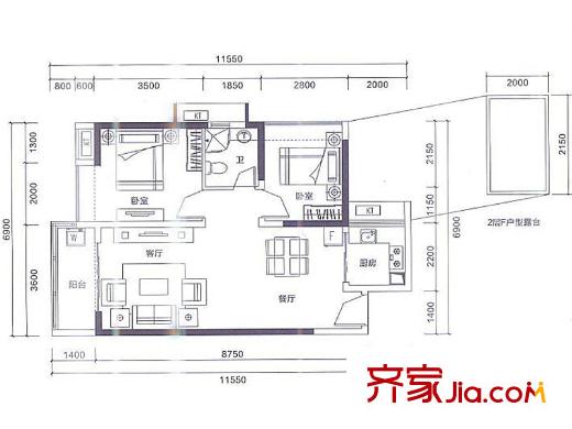 阳基春天里户型图B/C座F户型 2室2厅1卫1厨