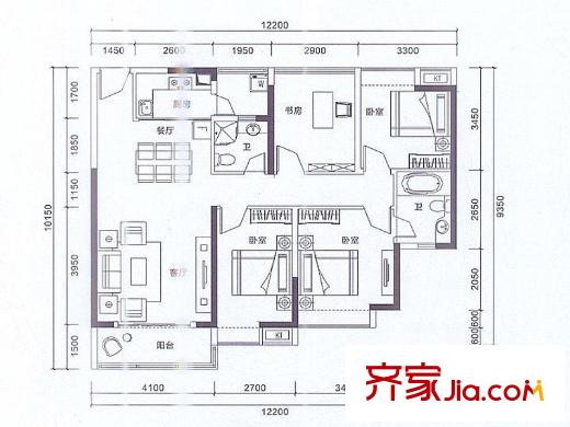 阳基春天里户型图C座C户型 3室2厅2卫1厨