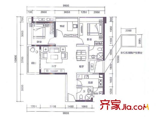 阳基春天里户型图B/C座B户型 2室2厅2卫1厨