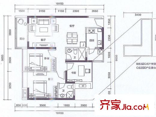 阳基春天里户型图B座C/E户型 2室2厅2卫1厨