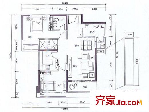 阳基春天里户型图A座B/C户型 2室2厅1卫1厨