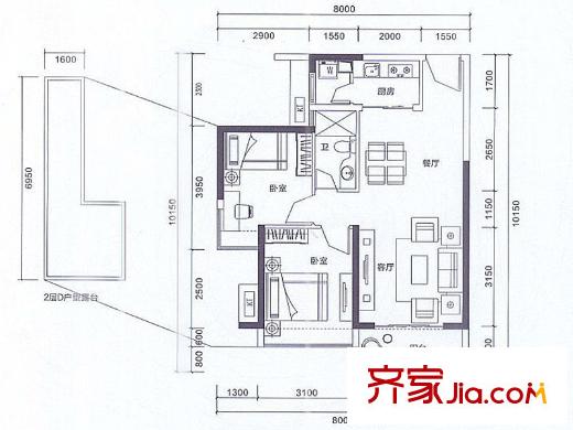 阳基春天里户型图B/C座D户型 2室2厅1卫1厨