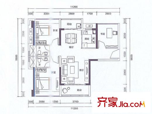 阳基春天里户型图A座D户型 2室2厅2卫1厨